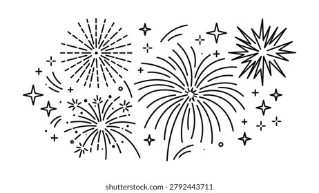 A set of hand drawn doodle style fireworks illustrations including various starburst patterns and sparkling elements in black outline