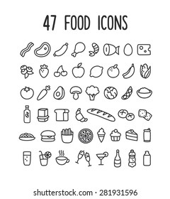 Set of hand drawn doodle style line icons of food: meat and dairy, fruits and vegetables, processed food and drinks.