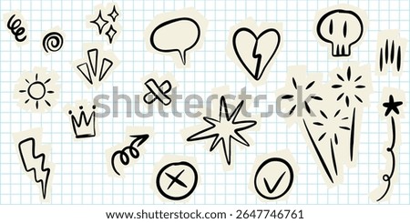 set of hand drawn doodle style stickers on a blue grid paper background. Includes symbols lightning bolts, stars, fireworks, speech bubbles, broken heart, crown, skull, check mark, and sunburst.