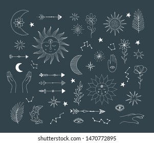 Set of hand drawn doodle suns with faces, moons and stars. Vector isolated illustration.