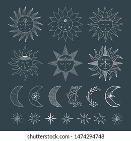 Set of hand drawn doodle suns with faces, moons and stars. Vector isolated illustration.