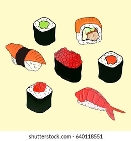 Set of hand drawn doodle sushi and rolls isolated on white background, vector illustration.
