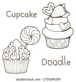 Set of hand drawn doodle sweet cupcake clip art on white background, Vector illustration, Cute characters Cupcake and Doodle, This design for sticker and Children's coloring page.