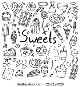 Set of hand drawn doodle sweets. Chocolate, candy, cake, ice cream and other. Collection of design elements