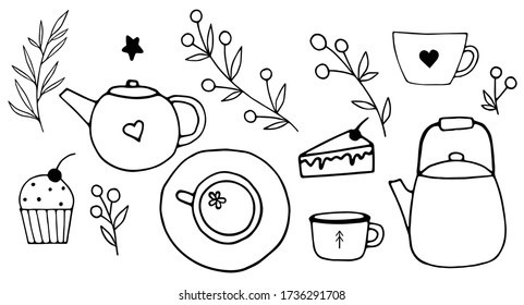Set of hand drawn doodle tea time elements. Teapots, cups, candies, leaves and berries. Doodle tea cups, coffee cups and teapots. Illustration for cards, posters, menu design.