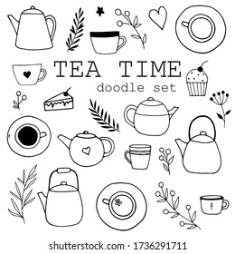 Set of hand drawn doodle tea time elements. Teapots, cups, candies, leaves and berries. Doodle tea cups, coffee cups and teapots. Illustration for cards, posters, menu design.