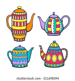 Set of hand drawn doodle teapots with ornament. Bright color - yellow, red, green, blue and orange. Isolated.