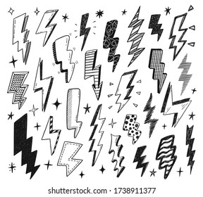 Set of hand drawn doodle thunderbolts. Vector design elements isolated on a white background