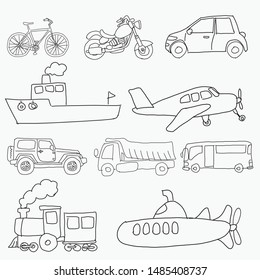 set of hand drawn doodle transportation vector illustration
