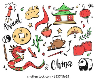 Set of hand drawn doodle travel to China with chinese dragon, tea, lantern, architecture, asian food, golden coin, wall and other traditional symbols. Cartoon sketch style. Vector illustration. 