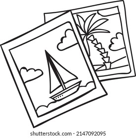 Set of hand drawn doodle traveller. Vector illustration. Travel and sketch summer with travel elements: compass, bikini, sunglasses, camera, cocktail, ticket.