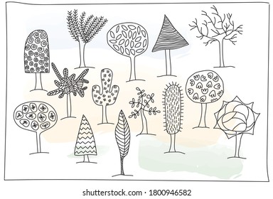 Set of hand drawn doodle trees