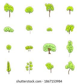Set of hand drawn doodle trees. Spring, light green, young, fresh.
