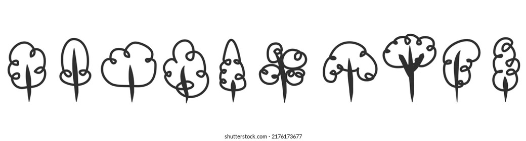 Set of hand drawn doodle trees various form isolated on white background. Cute sketches nature plants. Collection cartoon design elements. Vector illustration.