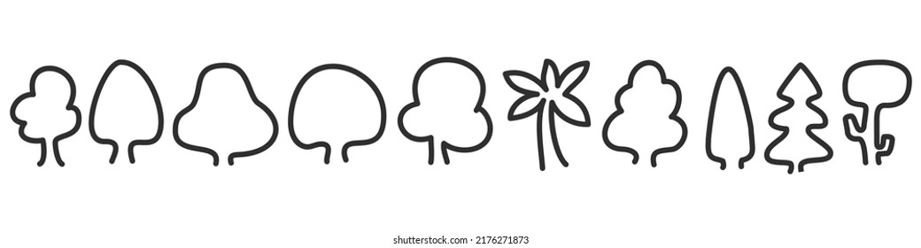 Set of hand drawn doodle trees various form isolated on white background. Cute sketches nature plants. Collection cartoon design elements. Vector illustration.