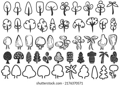 Varios árboles de doodles dibujados a mano se forman aislados en un fondo blanco. Cuidados esbozan plantas naturales. Elementos de diseño de dibujos animados de colección. Ilustración vectorial.
