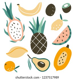 Set with hand drawn doodle tropic fruits. Vector collection. Flat icons set: watermelon, mango, papaya, banana, orange, dragon fruit, kiwi, pineapple. Vegetarian healthy food. Vegan, farm, organic