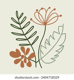 Set of Hand Drawn Doodle Tropical linear Leaves. Vector Illustration.