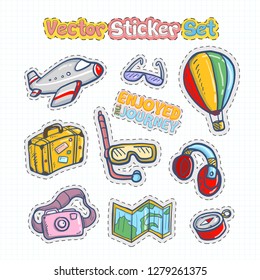 Set of Hand Drawn Doodle Vacation Getaway patches on Grid Paper