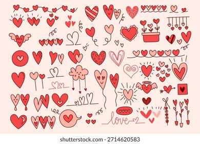 set of hand drawn doodle valentine ornament for design red hearts and flowers valentine day 