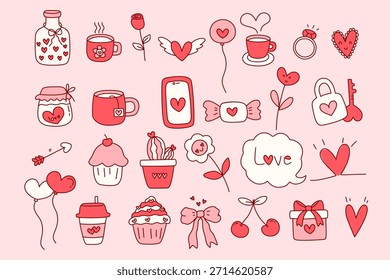Conjunto de adorno de San Valentín Doodle dibujado a mano para el diseño de corazones rojos y flores Día de San Valentín 