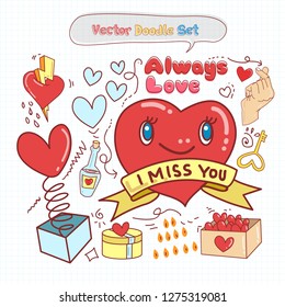 Set of Hand Drawn Doodle Valentines Day on Grid Paper. Vector Illustration Collection.