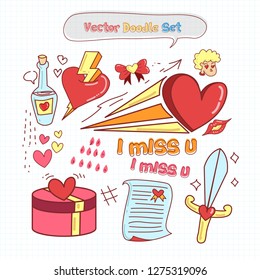 Set of Hand Drawn Doodle Valentines Day on Grid Paper. Vector Illustration.