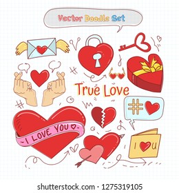 Set of Hand Drawn Doodle Valentines Day on Grid Paper. Vector Illustration.