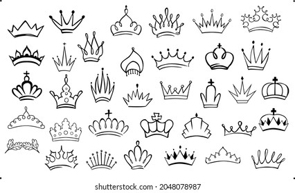 set of hand drawn doodle various outlined silhouette crowns, isolated vector illustration graphic collection