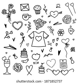 Set of hand drawn doodle vector elements for valentine's day posters, greeting cards, web, clothes, wrapping paper. Outline elements isolated on white background.