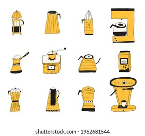 Set of hand drawn doodle vector illustrations of various coffee pots for different brewing methods. Isolated on white background.