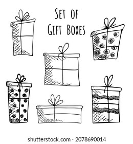 Set of hand drawn doodle vector gift boxes with bows and ribbons. Sketch illustration.