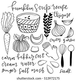 Set of hand drawn doodle vector elements. Illustrated pumpkin soup recipe. Vintage cooking book. Step by step recipe.