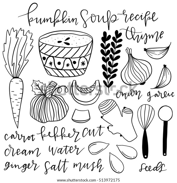 Set of\
hand drawn doodle vector elements. Illustrated pumpkin soup recipe.\
Vintage cooking book. Step by step\
recipe.