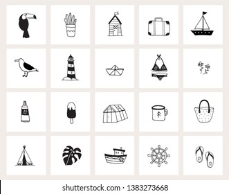 Set of hand drawn doodle web icons. Line art. Summer, holiday, travel concept. Black and white design. Isolated vector illustrations, sketches. Animals, plants, food, drink and lifestyle objects.