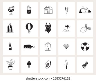 Set of hand drawn doodle web icons. Line art. Summer, holiday, travel concept. Black and white design. Isolated vector illustrations, sketches. Plants, fruit, food, drink and lifestyle objects.