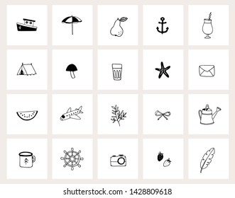 Set of hand drawn doodle web icons. Line art. Summer, holiday, travel concept. Black and white design. Isolated vector illustrations, sketches. Animals, plants, food, drink and lifestyle objects.
