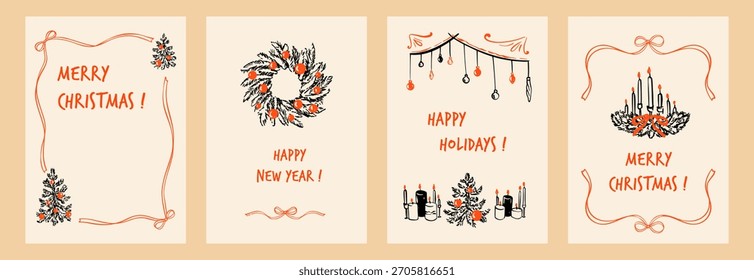 Conjunto de dibujado a mano doodle caprichoso Navidades alegres y feliz Año Nuevo tarjetas de felicitación, invitaciones de celebración, carteles, marcos. Navidades vintage crayón boceto coqueta arco marco de cinta. Invitación a cenar