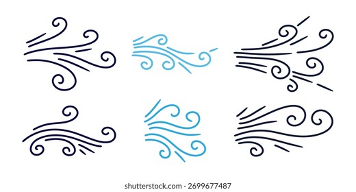 Conjunto de giros de vento e linhas de movimento desenhados à mão. Elementos vetoriais simples para movimento, velocidade, quadrinhos e design meteorológico. Conjunto de vento giratório puxado à mão.