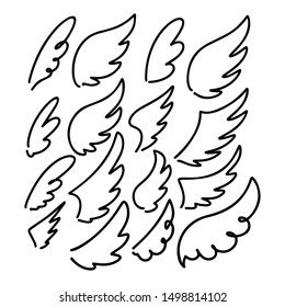 Set of hand drawn doodle wings. Design elements for poster, emblem, sign, label. Vector illustration