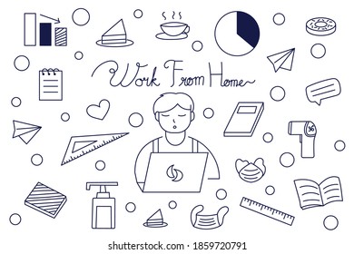 Set of hand drawn doodle work from home isolated on white background