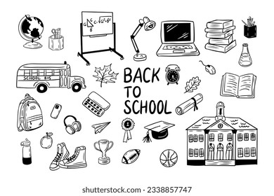 Set of hand drawn doodles. Back to school items. Vector isolated outline elements on white background. School, school bus, laptop, sneakers. Sketch design. Ideal for coloring pages, stickers, tatoo