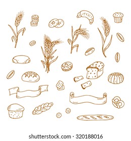 Set of Hand drawn Doodles Bakery, Wheat ears and banners