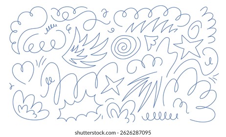 Conjunto de garabatos dibujados a mano en color azul. El Vector garabatea alas, líneas onduladas y zigzags. Elementos para el diseño