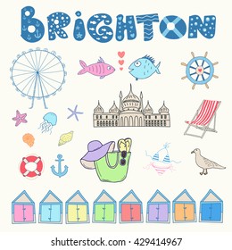 Set of hand drawn doodles of Brighton, England