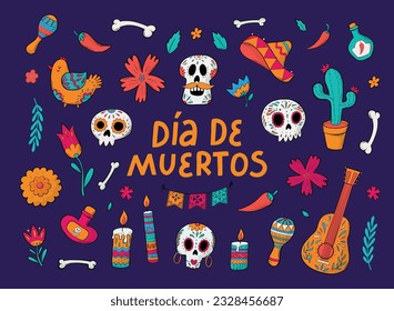 set of hand drawn doodles, cartoon elements for Dia de muertos. Good for stickers, prints, cards, signs, posters, other holiday decor. EPS 10