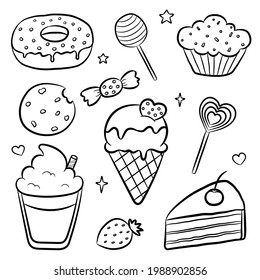 Set of hand drawn doodles coffee, sweets and desserts. Black muffin, bonbon, cake, donut, ice cream, cookie, cappuccino. Vector illustration isolated on white background.