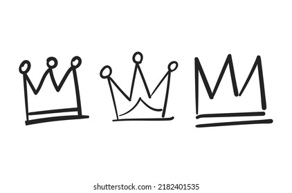Un conjunto de coronas dibujadas a mano. Ilustraciones vectoriales. Símbolos Reina y Rey.