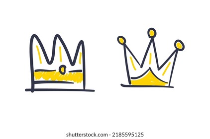 Set of hand drawn doodles crowns. Vector illustrations. Queen and King symbols.