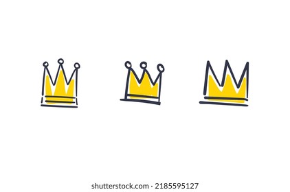 Set of hand drawn doodles crowns. Vector illustrations. Queen and King symbols.